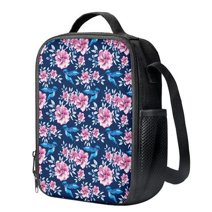 Pink Flowers And Hummingbird Print Crossbody Lunch Bag