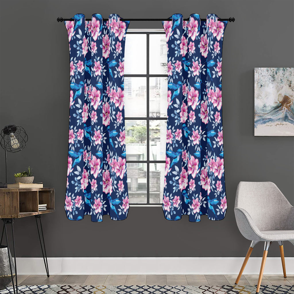 Pink Flowers And Hummingbird Print Curtain
