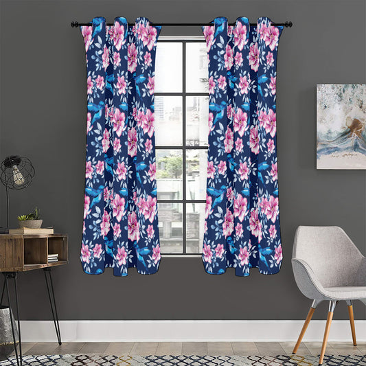 Pink Flowers And Hummingbird Print Curtain