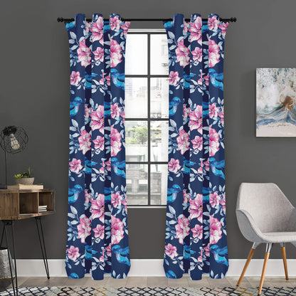Pink Flowers And Hummingbird Print Curtain
