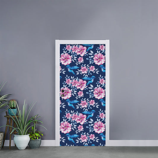 Pink Flowers And Hummingbird Print Door Sticker