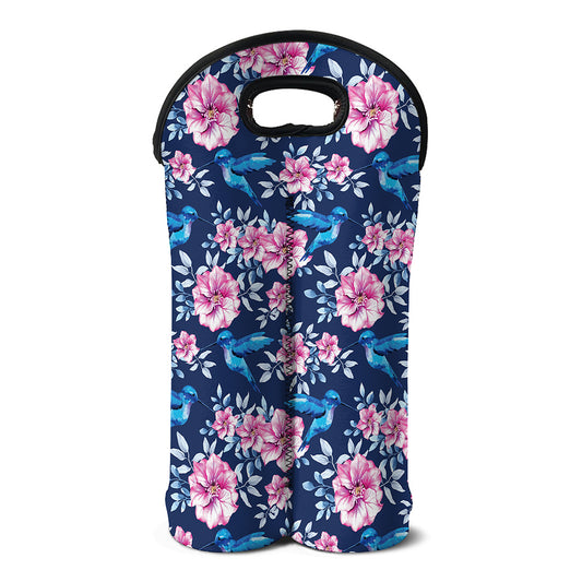 Pink Flowers And Hummingbird Print Double Neoprene Wine Tote