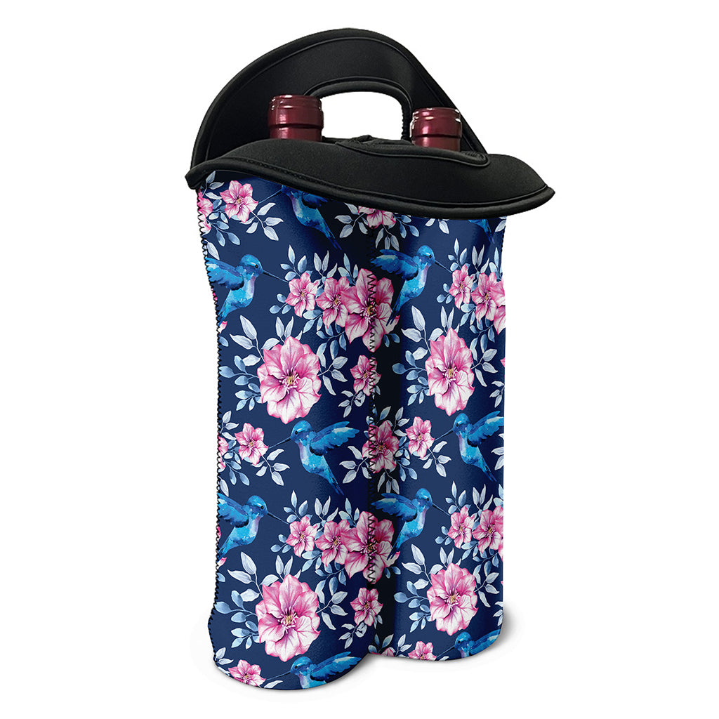 Pink Flowers And Hummingbird Print Double Neoprene Wine Tote