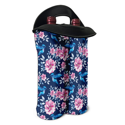 Pink Flowers And Hummingbird Print Double Neoprene Wine Tote