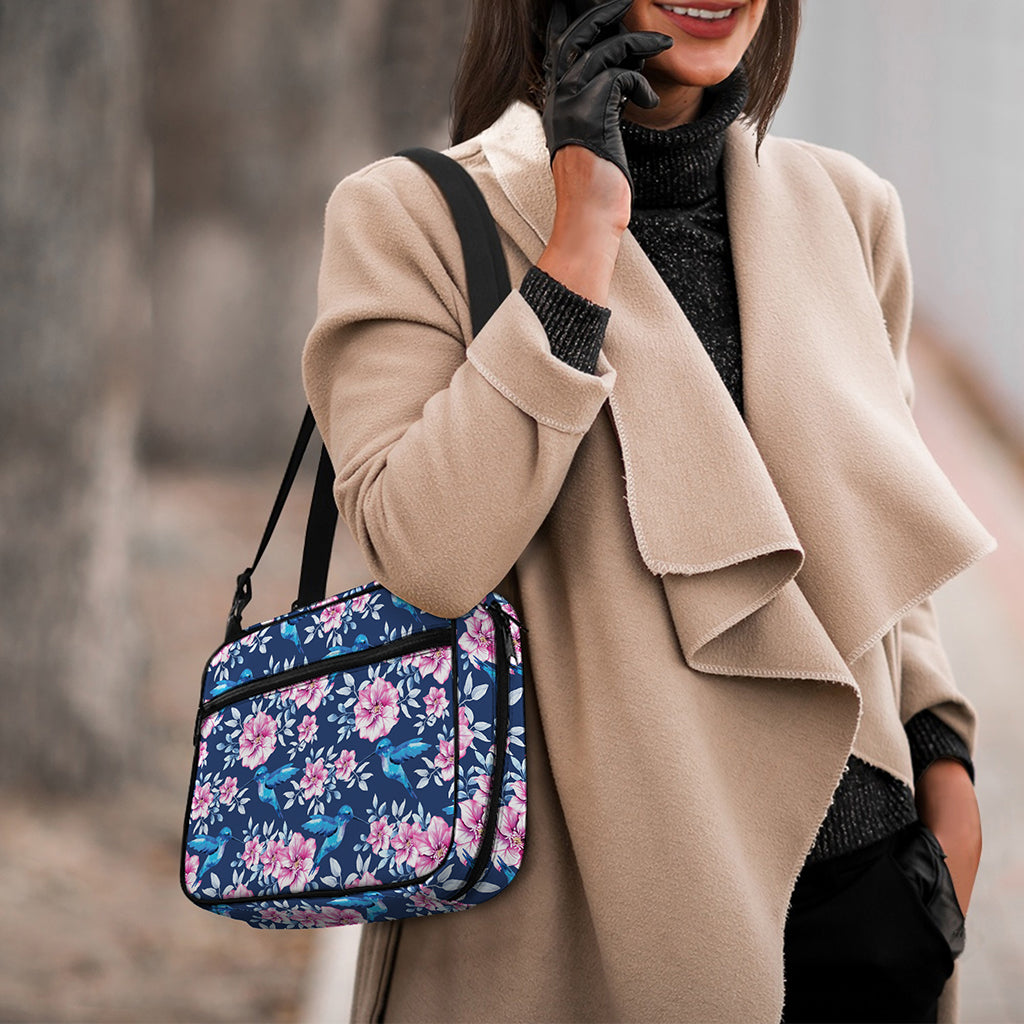 Pink Flowers And Hummingbird Print Double Strap Bible Bag