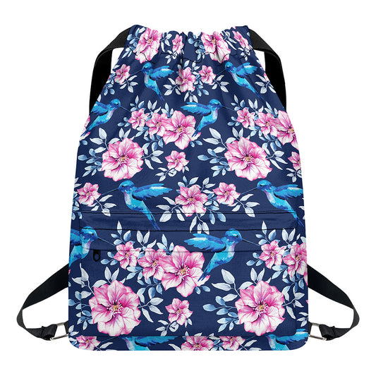 Pink Flowers And Hummingbird Print Drawstring Backpack