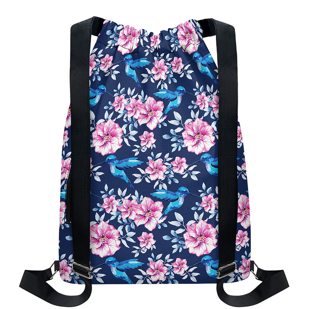 Pink Flowers And Hummingbird Print Drawstring Backpack