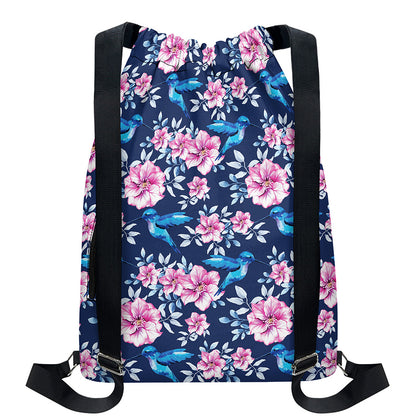 Pink Flowers And Hummingbird Print Drawstring Backpack