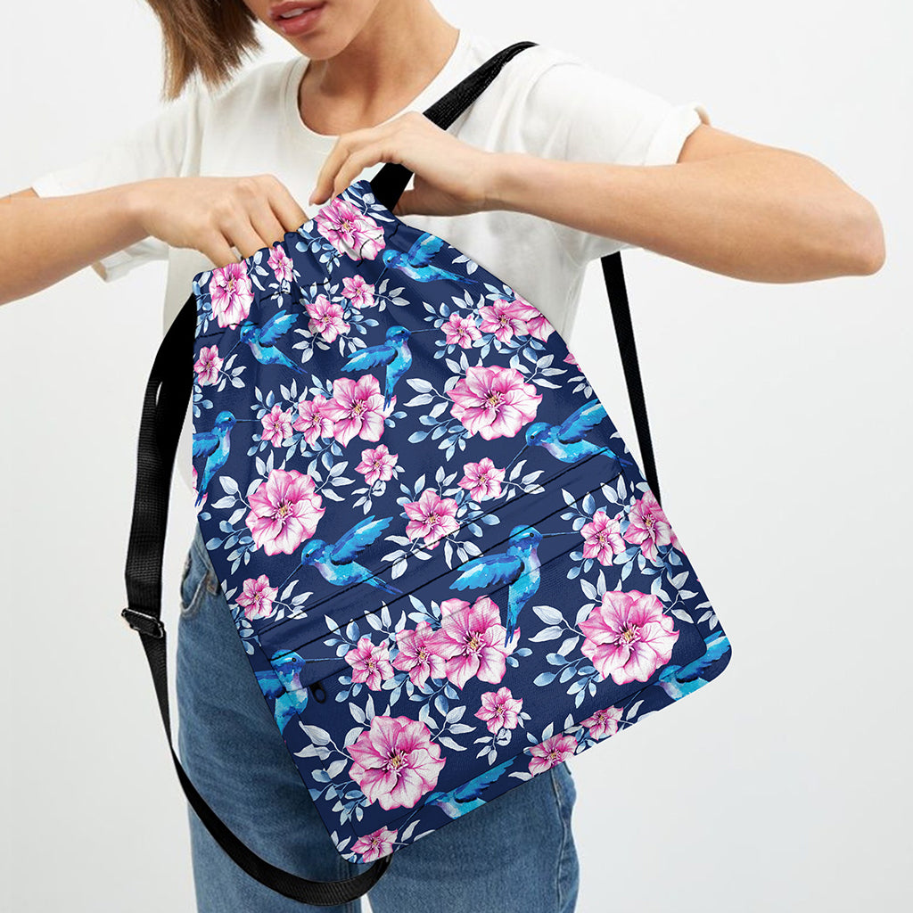 Pink Flowers And Hummingbird Print Drawstring Backpack