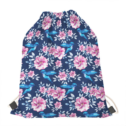 Pink Flowers And Hummingbird Print Drawstring Bag
