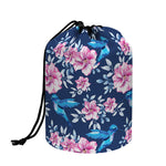 Pink Flowers And Hummingbird Print Drawstring Makeup Bag