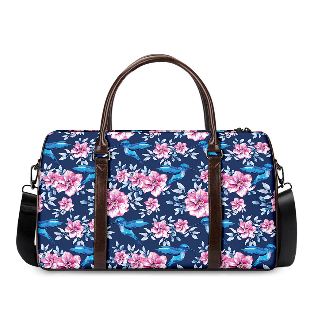 Pink Flowers And Hummingbird Print Duffle Bag
