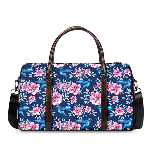 Pink Flowers And Hummingbird Print Duffle Bag