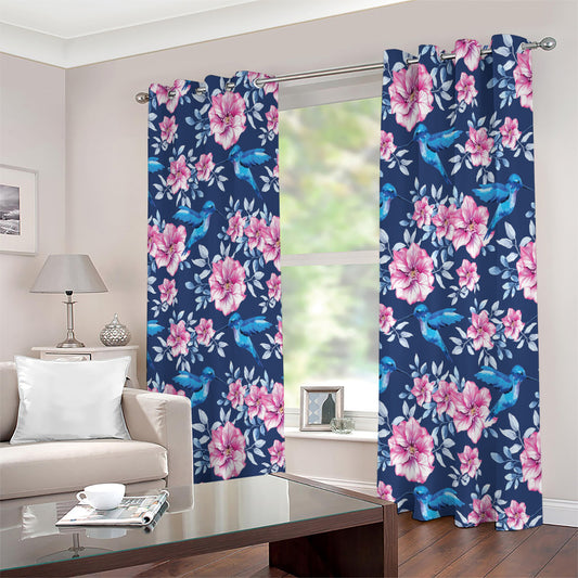 Pink Flowers And Hummingbird Print Extra Wide Grommet Curtains