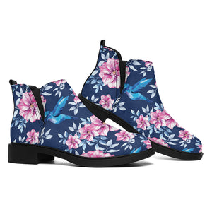 Pink Flowers And Hummingbird Print Flat Ankle Boots