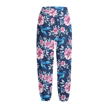 Pink Flowers And Hummingbird Print Fleece Lined Knit Pants
