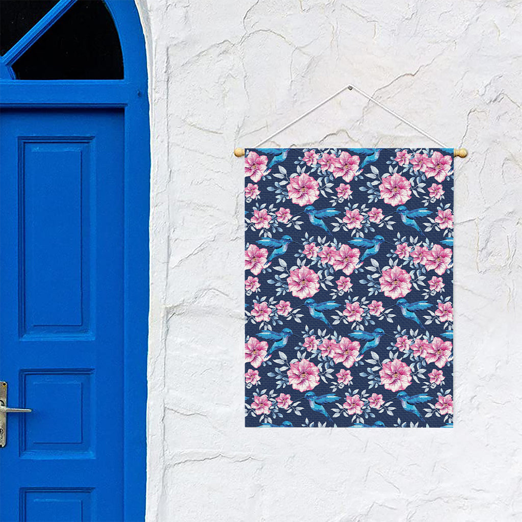 Pink Flowers And Hummingbird Print Garden Flag