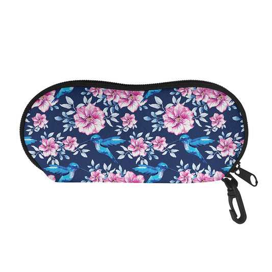 Pink Flowers And Hummingbird Print Glasses Case