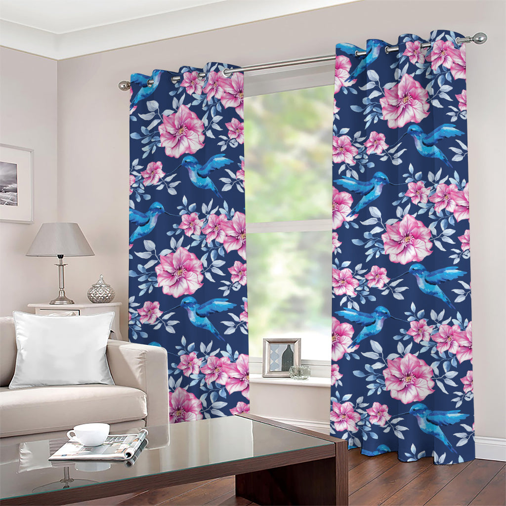 Pink Flowers And Hummingbird Print Grommet Curtains