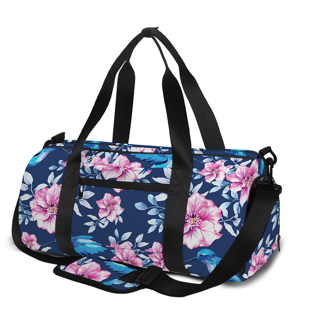 Pink Flowers And Hummingbird Print Gym Bag