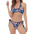 Pink Flowers And Hummingbird Print Halter Scoop Tie Side Bikini