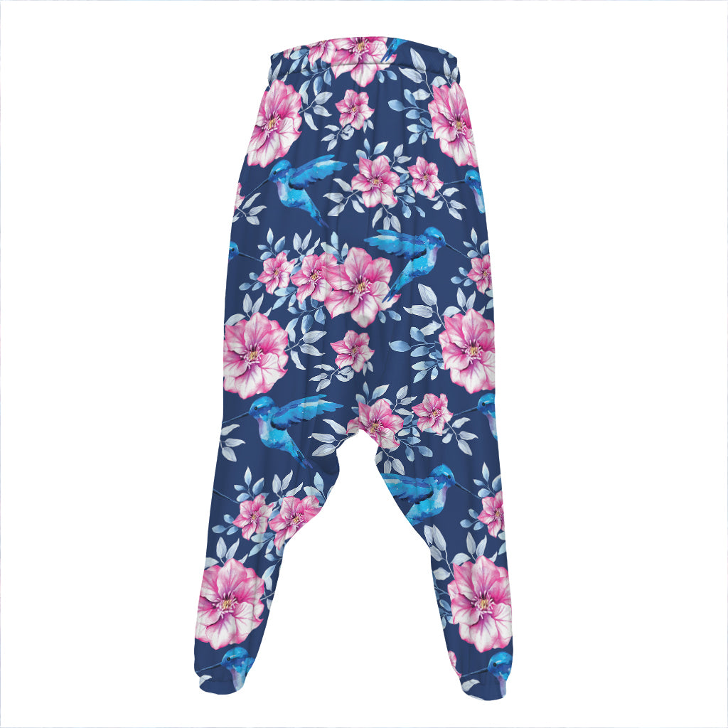 Pink Flowers And Hummingbird Print Hammer Pants