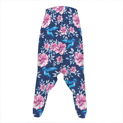 Pink Flowers And Hummingbird Print Hammer Pants