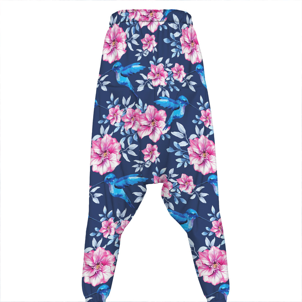 Pink Flowers And Hummingbird Print Hammer Pants