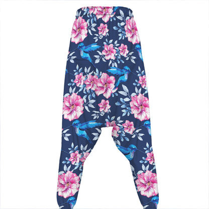 Pink Flowers And Hummingbird Print Hammer Pants