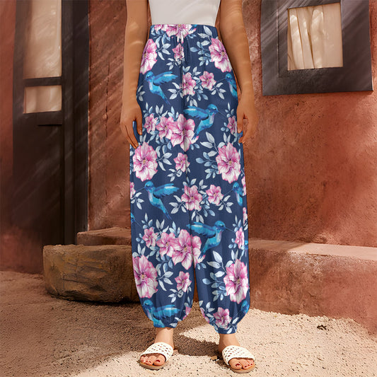 Pink Flowers And Hummingbird Print Harem Pants