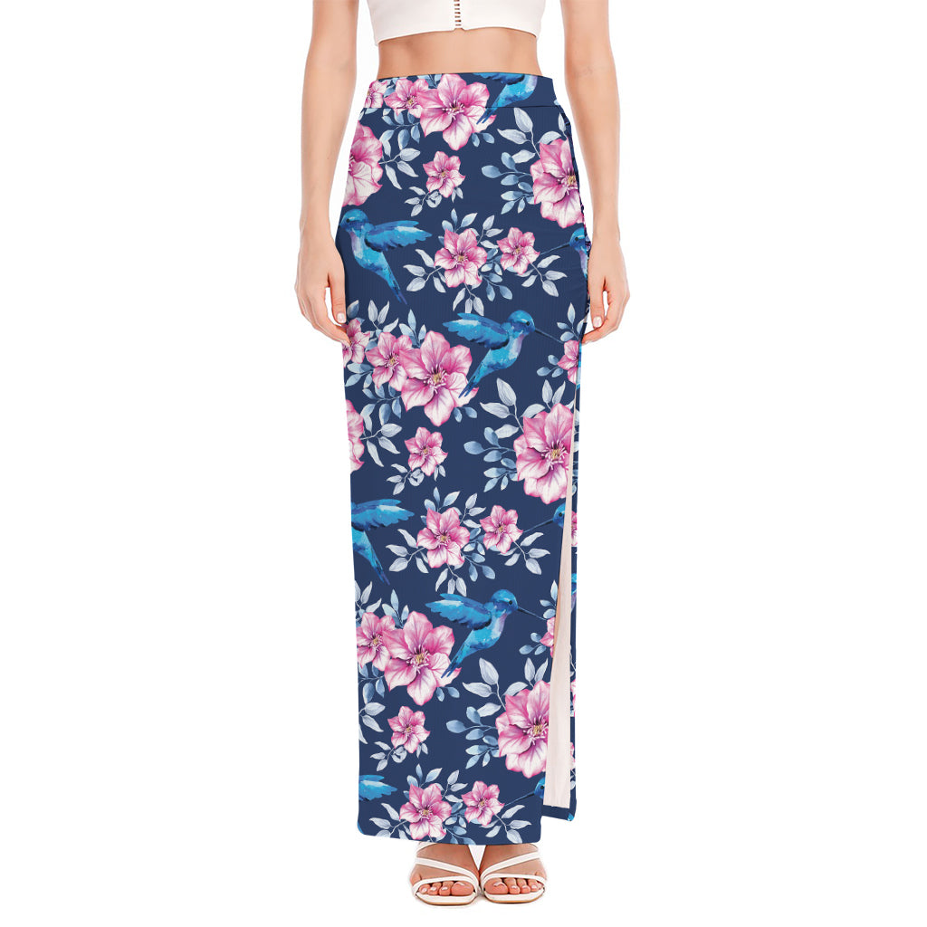 Pink Flowers And Hummingbird Print High Slit Maxi Skirt