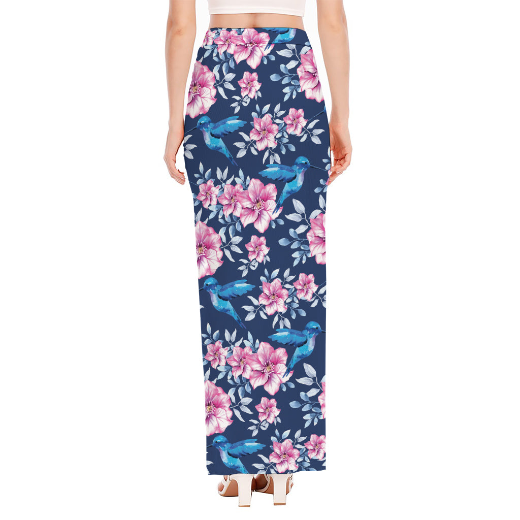 Pink Flowers And Hummingbird Print High Slit Maxi Skirt