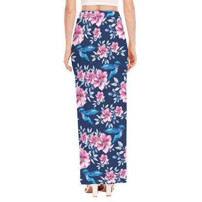 Pink Flowers And Hummingbird Print High Slit Maxi Skirt