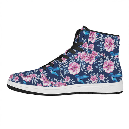 Pink Flowers And Hummingbird Print High Top Leather Sneakers