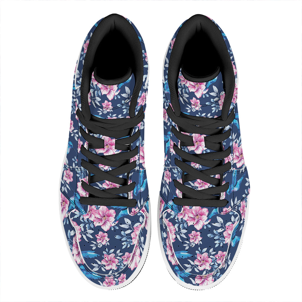Pink Flowers And Hummingbird Print High Top Leather Sneakers
