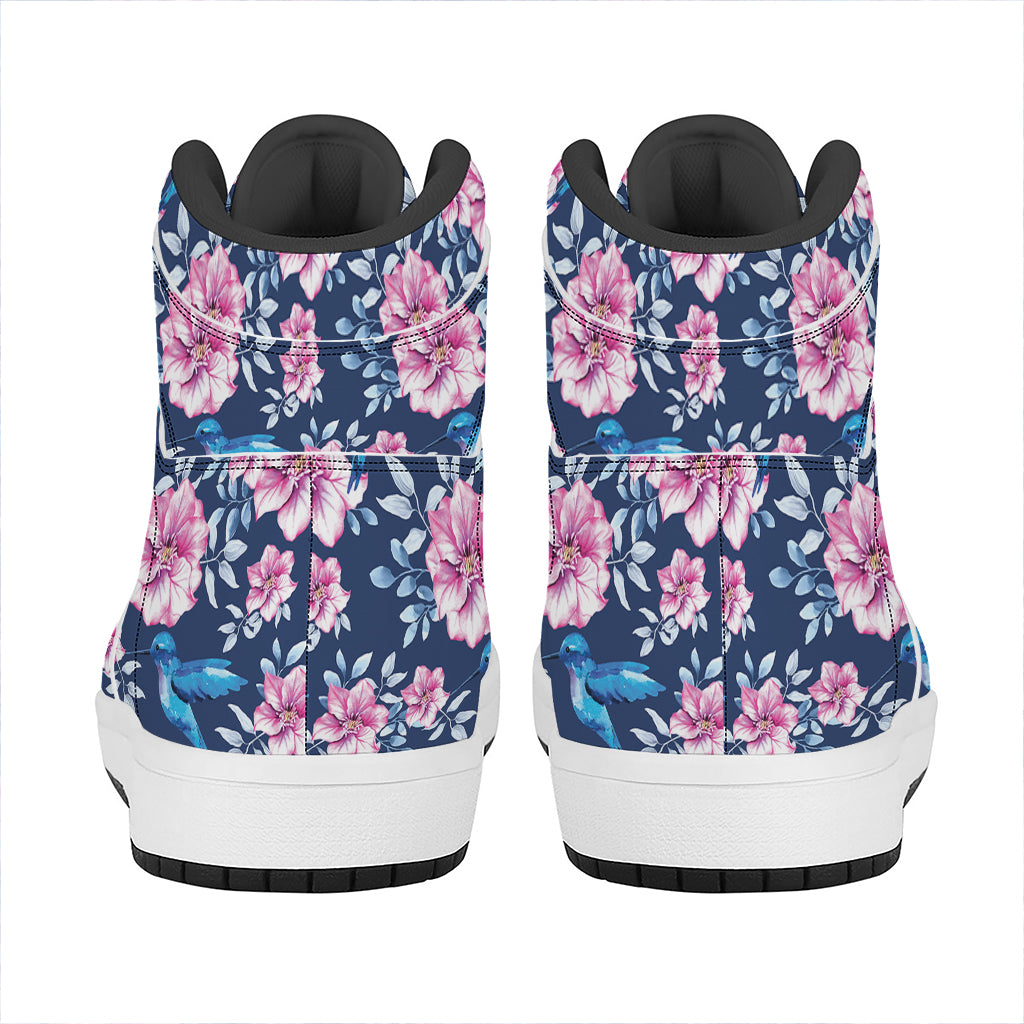 Pink Flowers And Hummingbird Print High Top Leather Sneakers