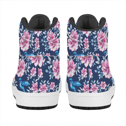 Pink Flowers And Hummingbird Print High Top Leather Sneakers
