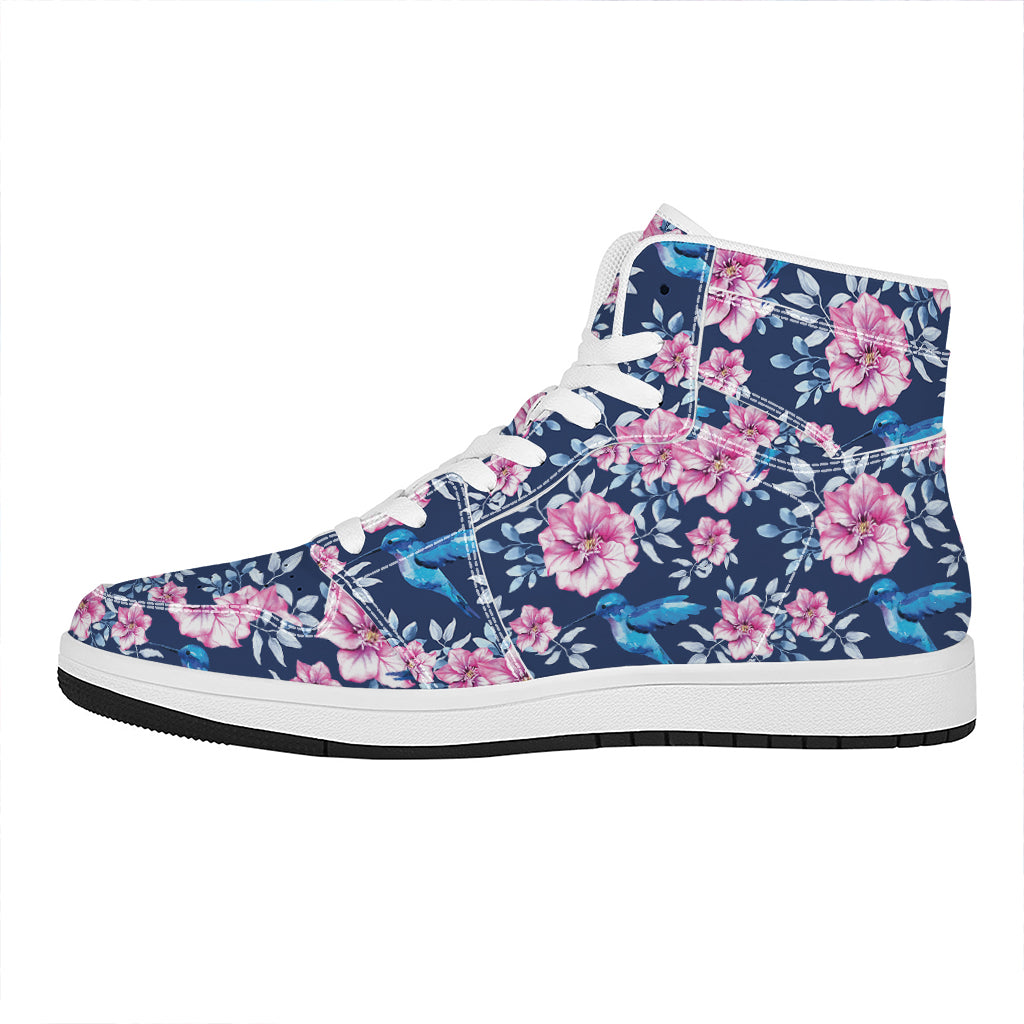 Pink Flowers And Hummingbird Print High Top Leather Sneakers