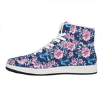 Pink Flowers And Hummingbird Print High Top Leather Sneakers