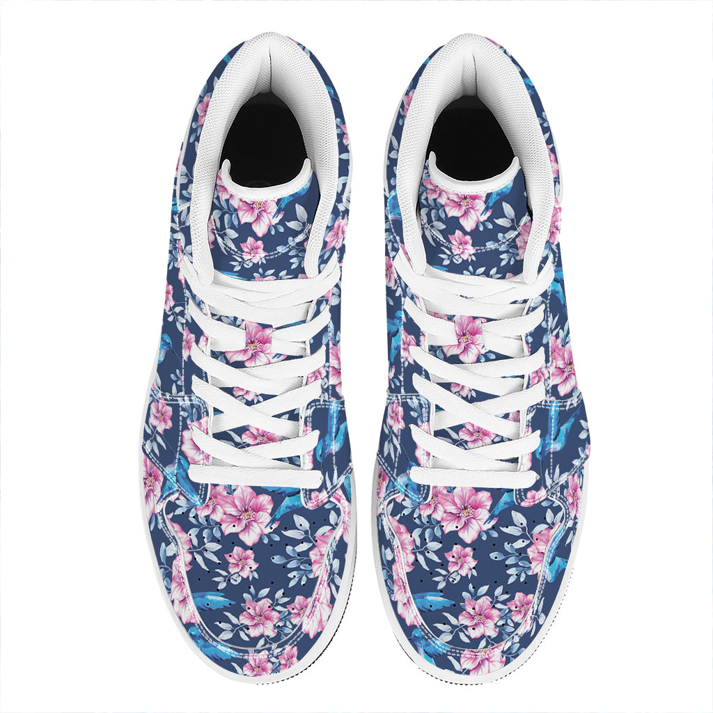 Pink Flowers And Hummingbird Print High Top Leather Sneakers