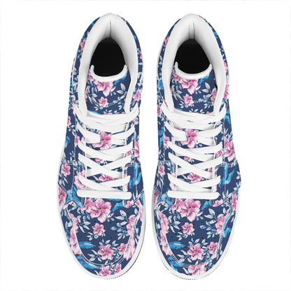 Pink Flowers And Hummingbird Print High Top Leather Sneakers