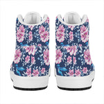 Pink Flowers And Hummingbird Print High Top Leather Sneakers
