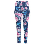 Pink Flowers And Hummingbird Print High-Waisted Pocket Leggings