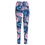 Pink Flowers And Hummingbird Print High-Waisted Pocket Leggings