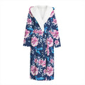 Pink Flowers And Hummingbird Print Hooded Bathrobe