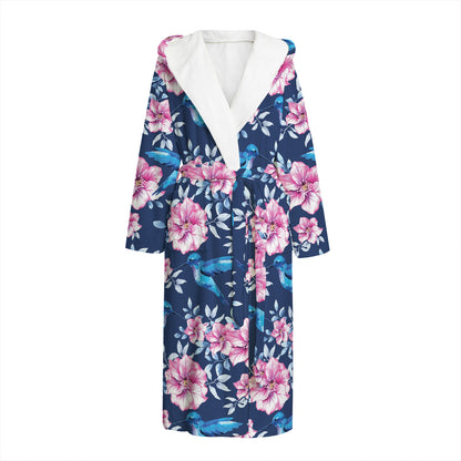 Pink Flowers And Hummingbird Print Hooded Bathrobe