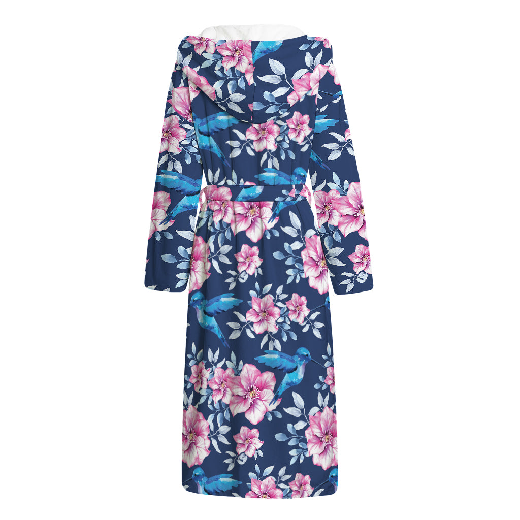 Pink Flowers And Hummingbird Print Hooded Bathrobe