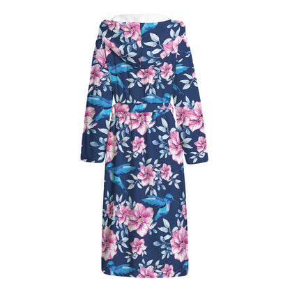 Pink Flowers And Hummingbird Print Hooded Bathrobe