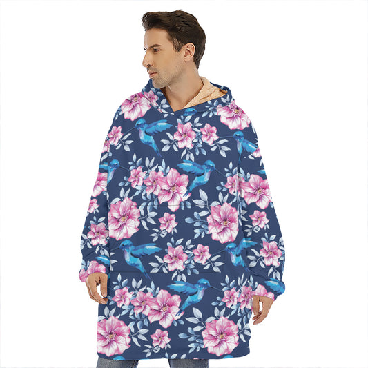 Pink Flowers And Hummingbird Print Hoodie Blanket