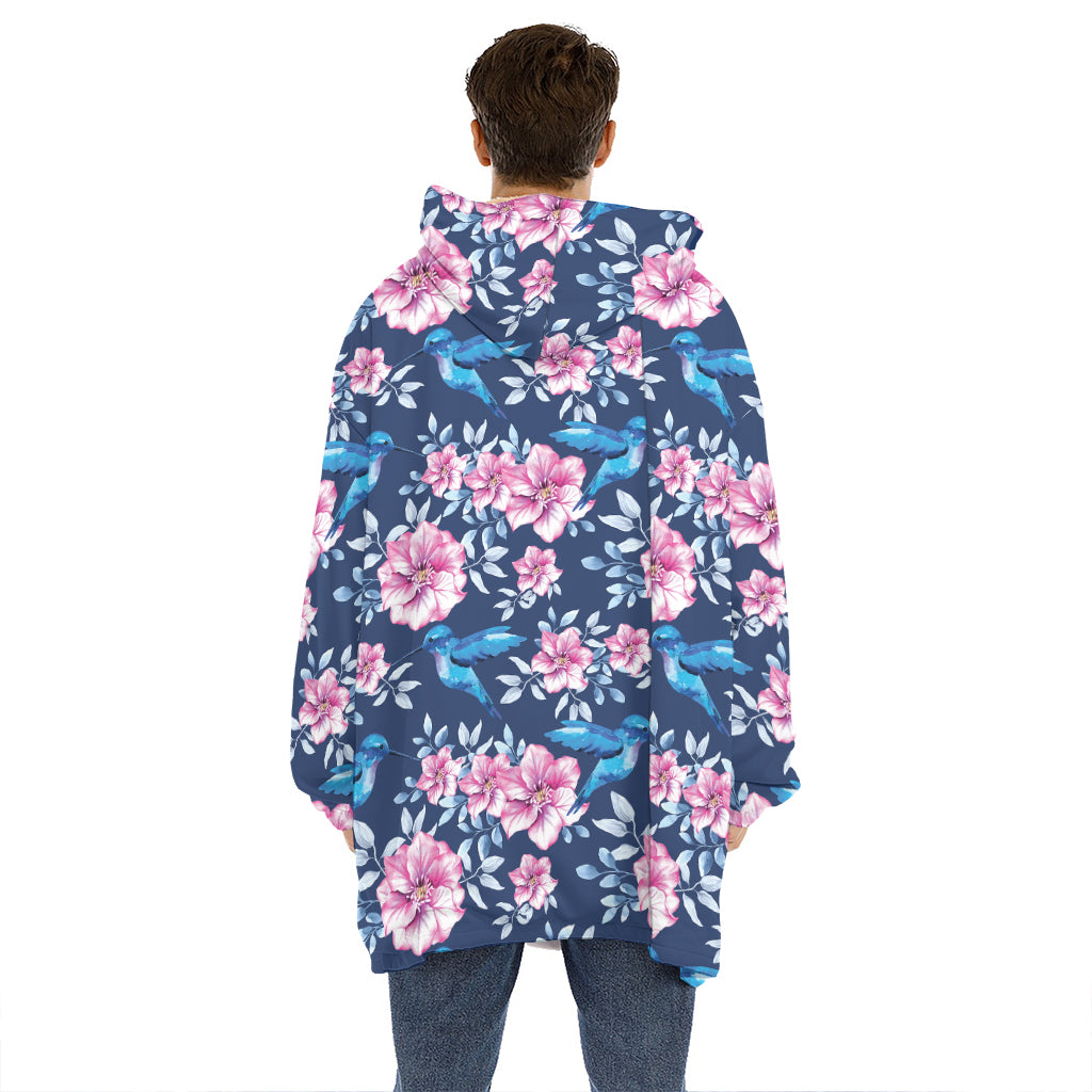 Pink Flowers And Hummingbird Print Hoodie Blanket